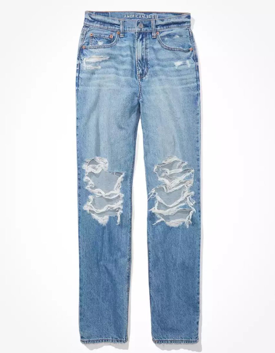 Jean American Eagle AE Strigid Ripped Highest Taille Baggy Droit Indigo Lavage Femme | IJT-40020116